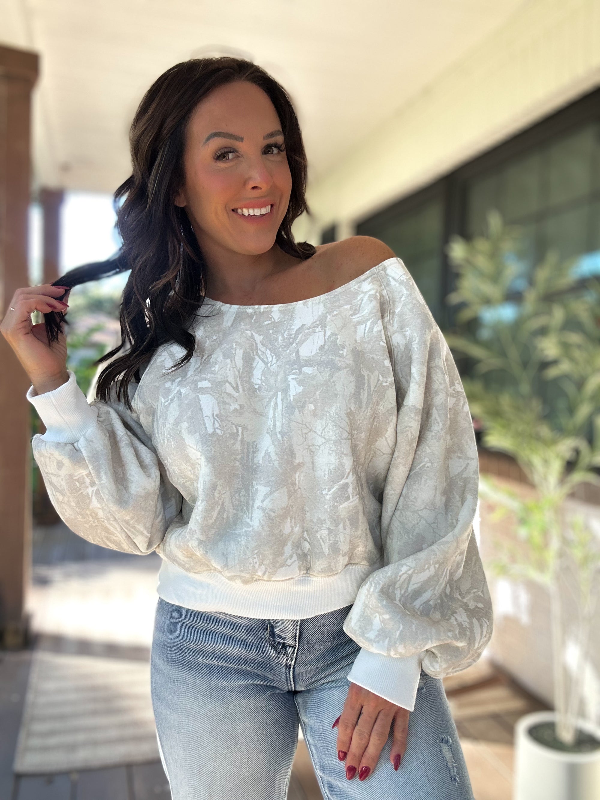 Audrina Off Shoulder Camo Sweater Top