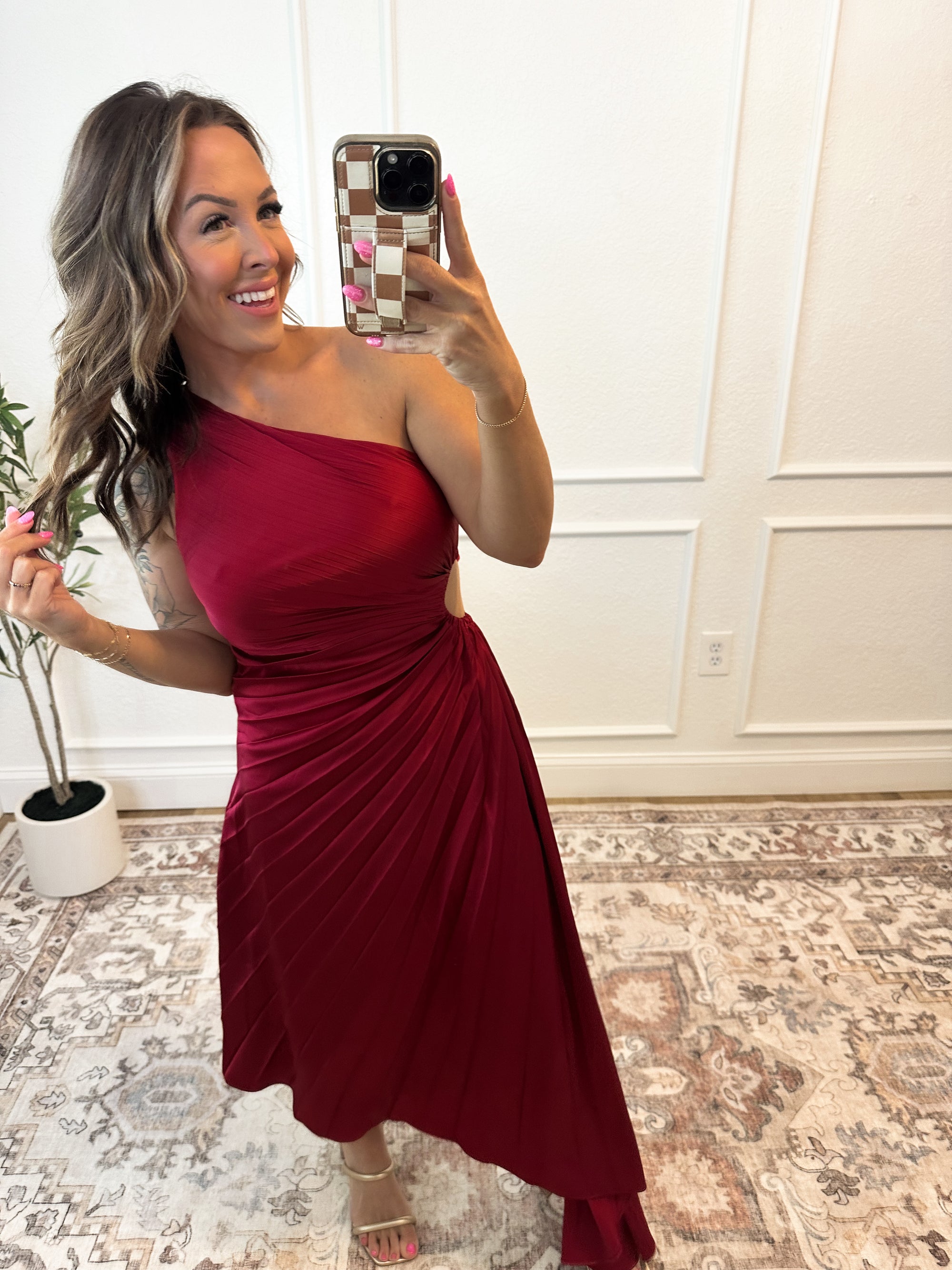 Happy Holidays Pleated Asymmetrical Dress - Wine