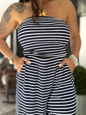 Darla Striped Jersey Knit Pants - Navy