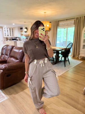 Brittan Striped Textured Pants - Taupe/White
