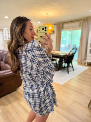 Sterling Plaid Collared Button Down Distressed Top - Blue