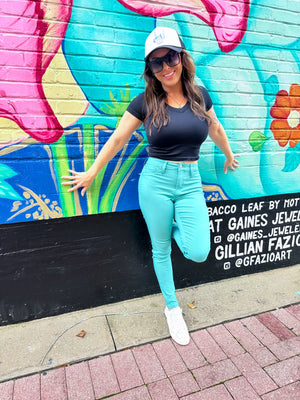 Tori Hyperstretch Mid Rise Skinny Jeans - Seafoam Green