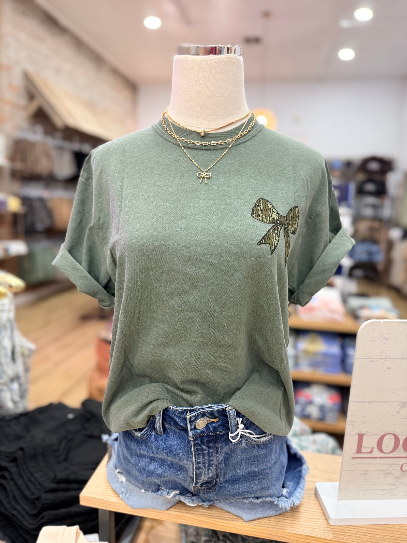 All Country Camo Bow Comfort Color Tee-Lowland Moss