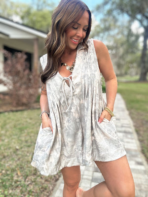 Amelia French Terry Pleated Romper - Woodsy Camo