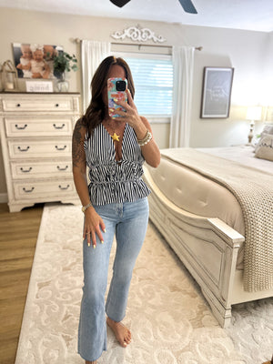 Claire Striped Ruffle Tank - Navy
