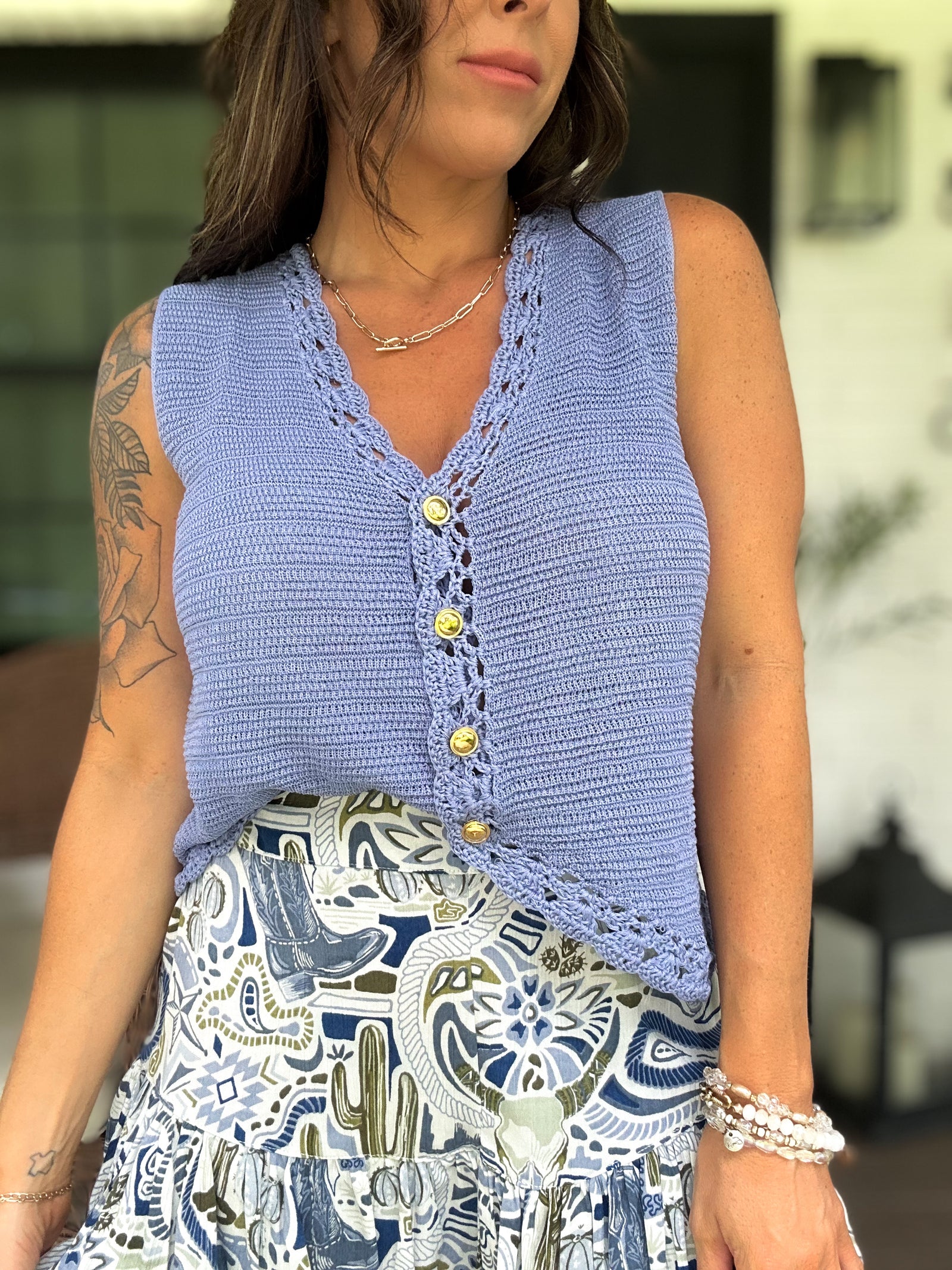 Braylee Crochet Sweater Vest - Denim