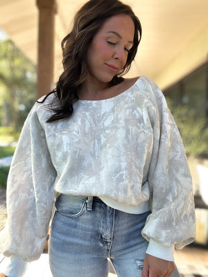 Audrina Off Shoulder Camo Sweater Top