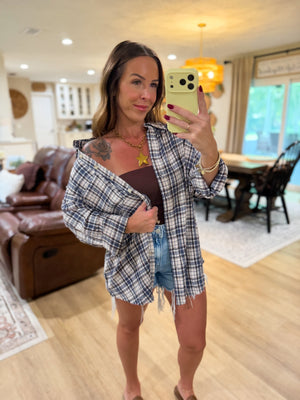 Sterling Plaid Collared Button Down Distressed Top - Blue
