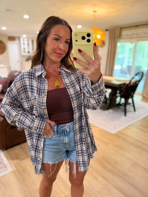 Sterling Plaid Collared Button Down Distressed Top - Blue