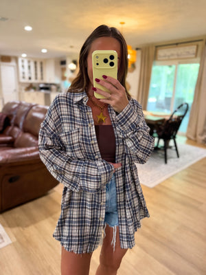 Sterling Plaid Collared Button Down Distressed Top - Blue