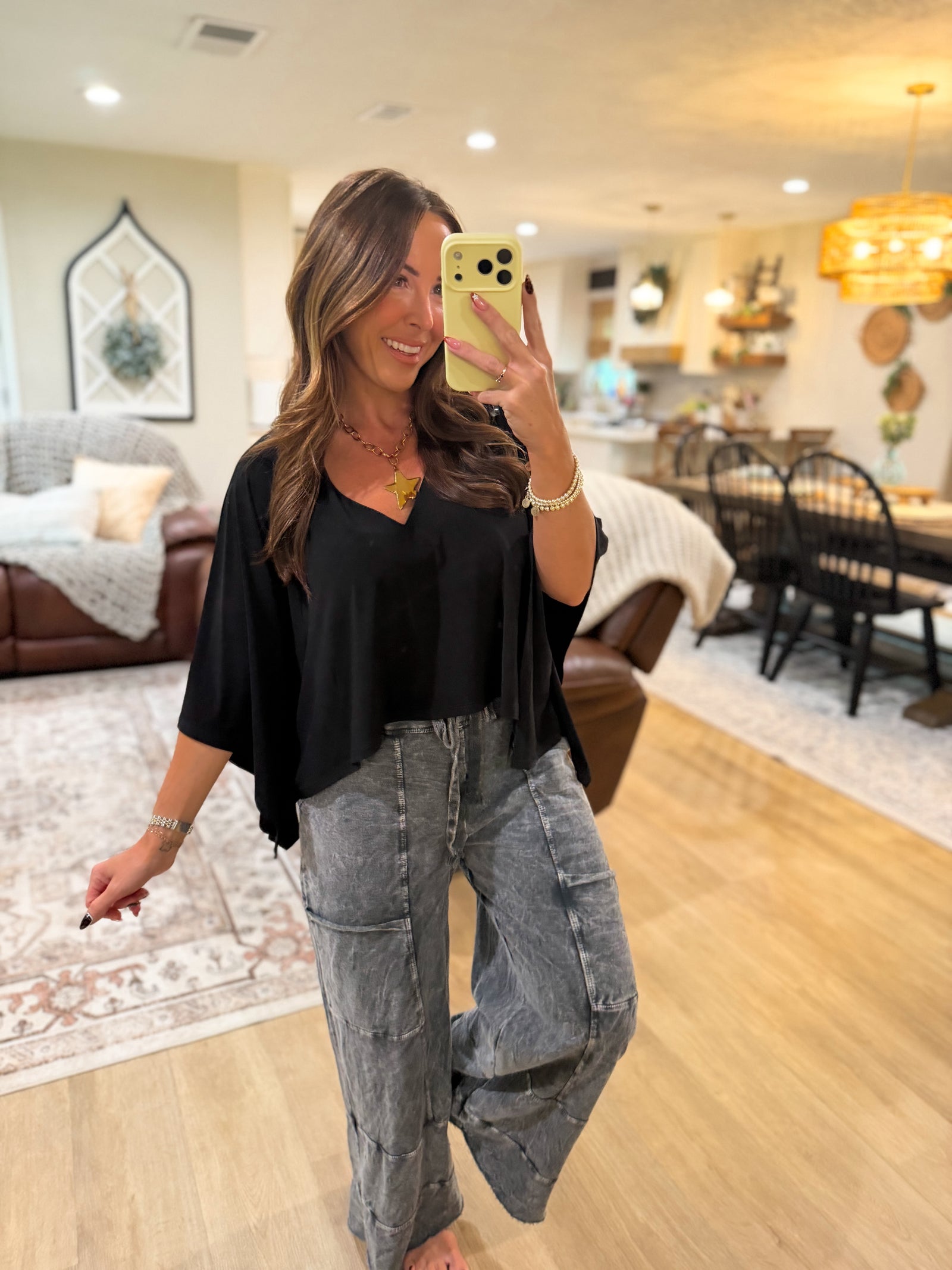 Ava Flowy Vneck Poncho Top - Black