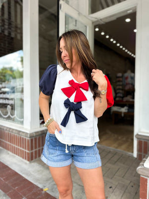 Little Miss USA Puff Sleeve Bow Detail Top