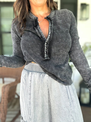 Montana Waffle Knit Henley Top - Charcoal