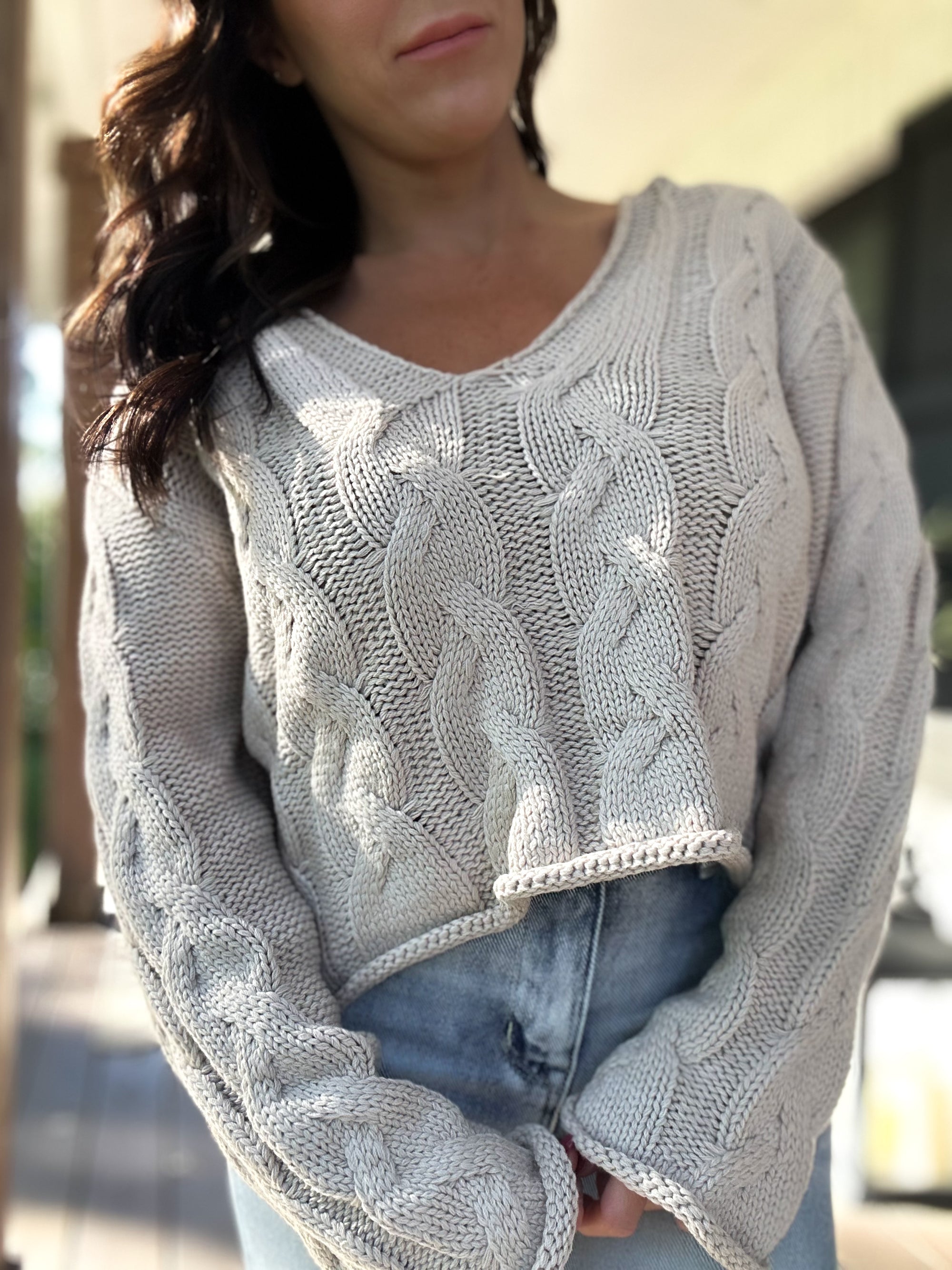 Rachel Renee Cable Knit Sweater- Taupe