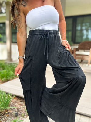 Arabella Mineral Washed Tiered Wide Leg - Black