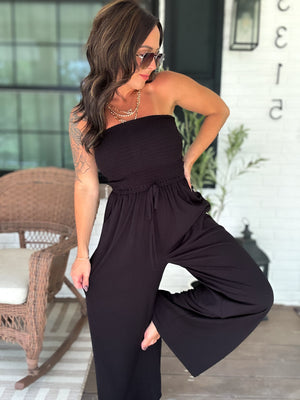 Little Too Late Smocked Jumpsuit - Black