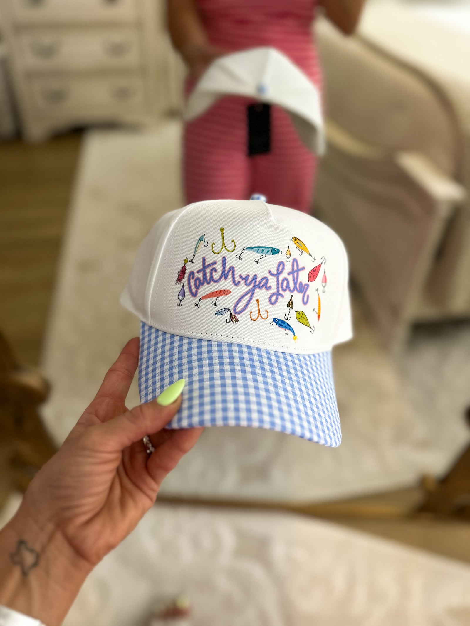 Catch Ya Later Blue Gingham Trucker Hat