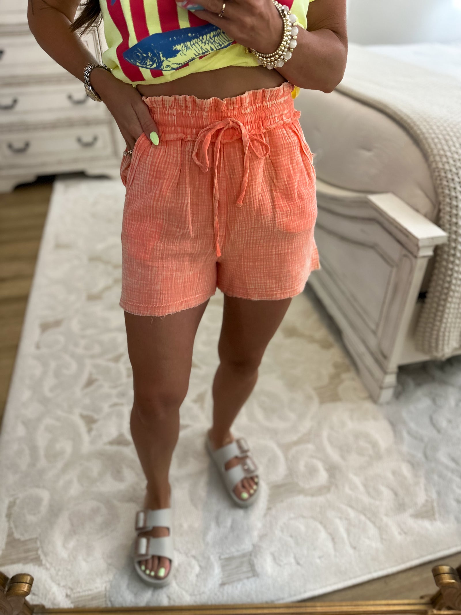 Sunshine Awaits Acid Washed Gauze Shorts - Coral
