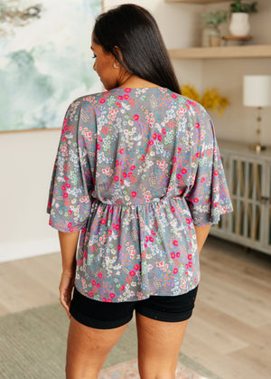 Dreamer Peplum Top in Grey and Pink Floral