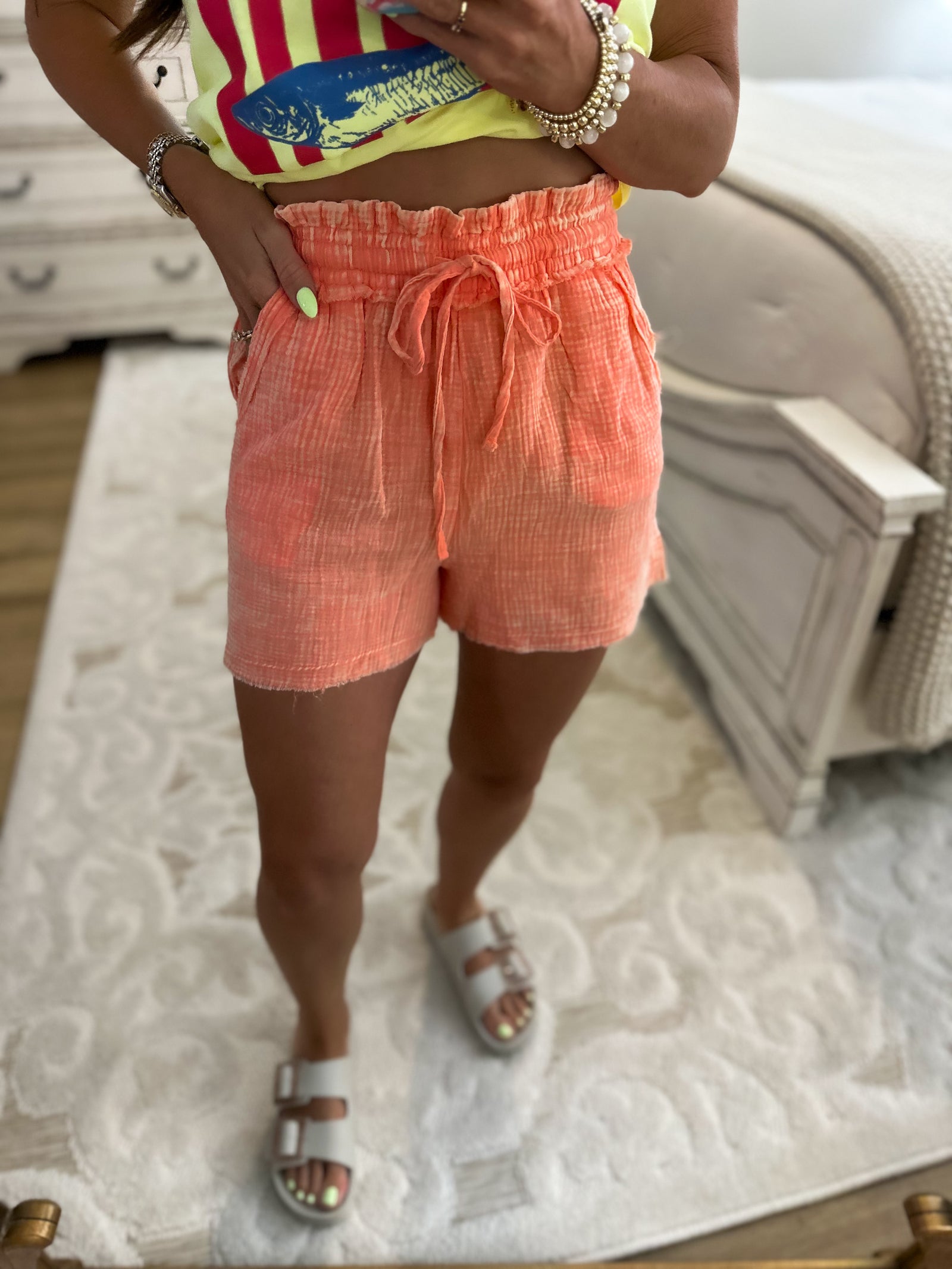 Sunshine Awaits Acid Washed Gauze Shorts - Coral