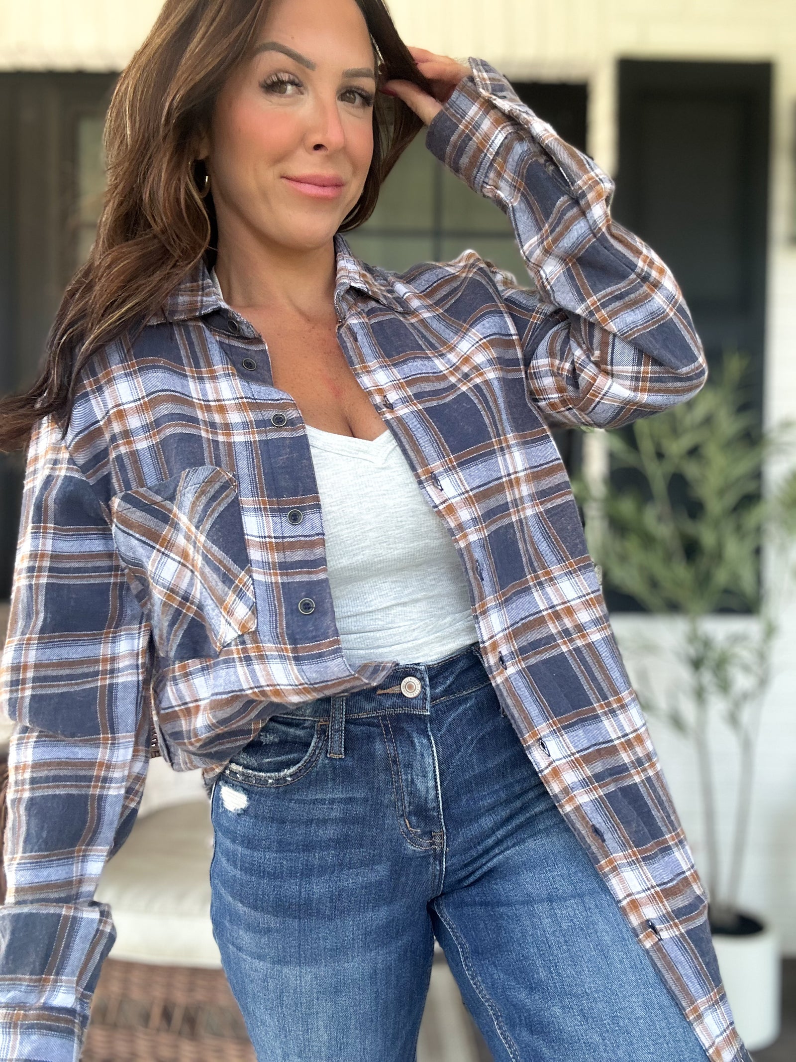 Lana Button Up Flannel Top- Navy