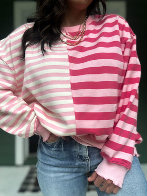 Drea Contrast Striped French Terry Top - Pink