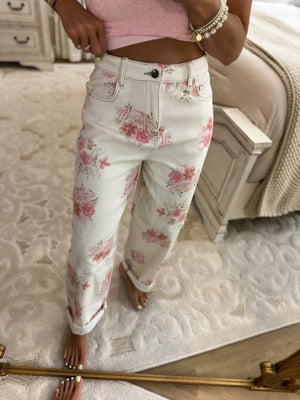 Rory Floral Printed Denim Barrel Jeans