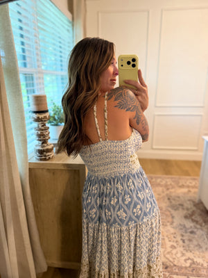Georgia Mix Print Lace Trim Maxi Dress - Vintage Blue