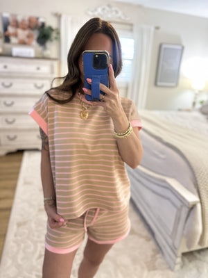 Tatum Striped Round Neck Top - Pink/Beige