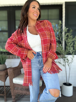 Lana Button Up Flannel Top- Red