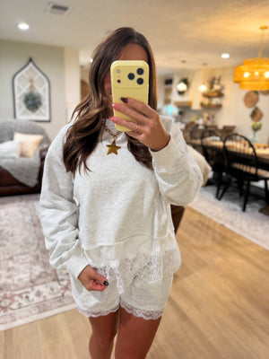 Willow Round Neck Lace Trimmed Crewneck - Gray