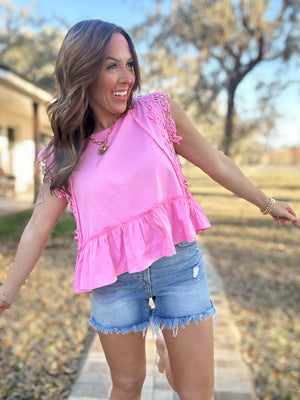 Mable Lace Trim Top - Charming Pink