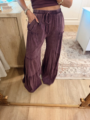 Mason Mineral Washed Tiered Wide Leg Pants - Eggplant