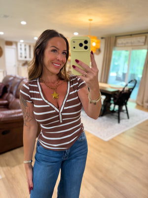 Teddi VNeck Striped Short Sleeve Top - Brown