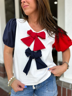 Little Miss USA Puff Sleeve Bow Detail Top