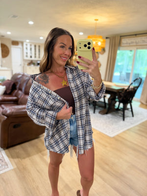 Sterling Plaid Collared Button Down Distressed Top - Blue