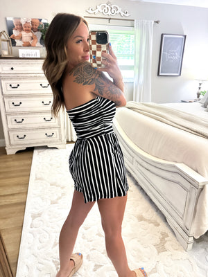 Better Days Ahead Striped Strapless Romper - Black
