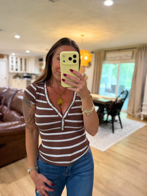 Teddi VNeck Striped Short Sleeve Top - Brown