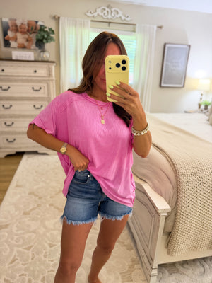 Milo Washed Ribbed Short Boat Neck Tee - Candy Pink