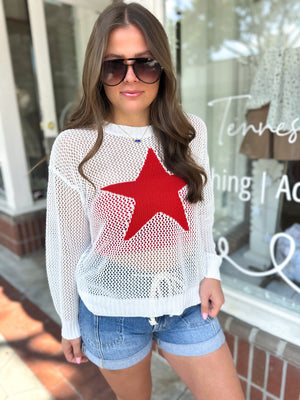 Star Gazing Oversized Open Knit Top - Red