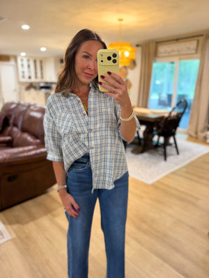 Rhodes Plaid Half Sleeve Collared Button Down Top