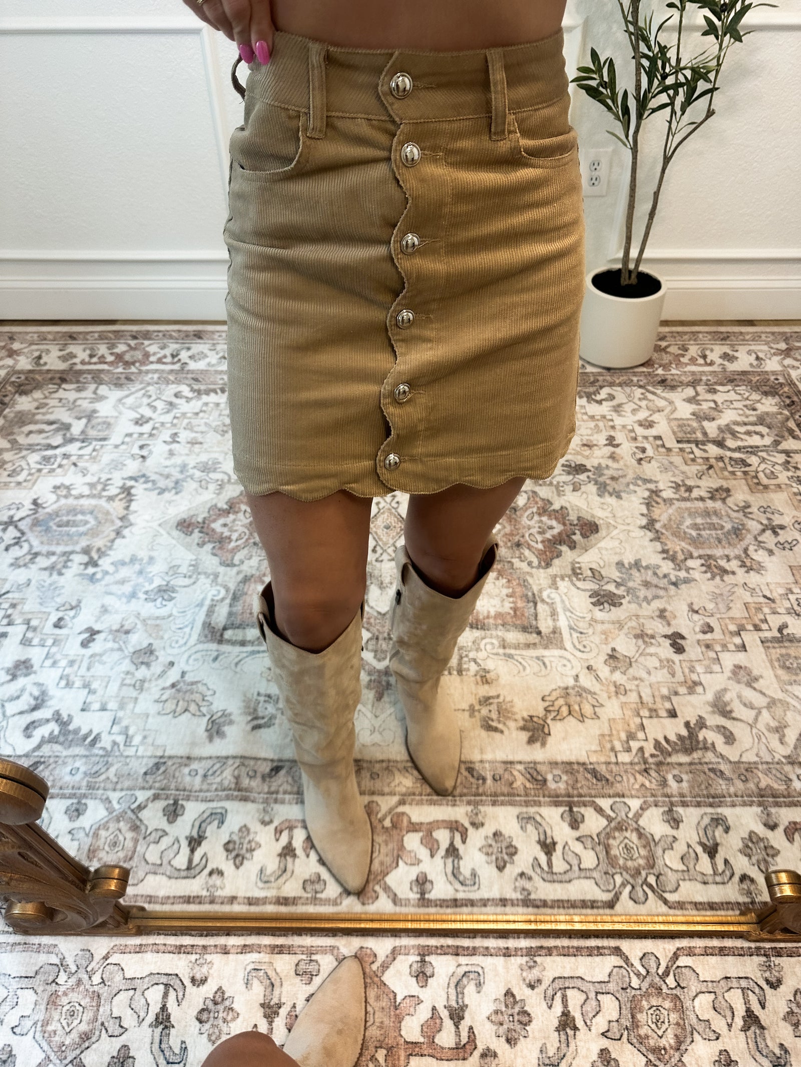 Sweet Escape Scalloped Corduroy Mini Skirt - Taupe