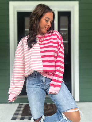 Drea Contrast Striped French Terry Top - Pink