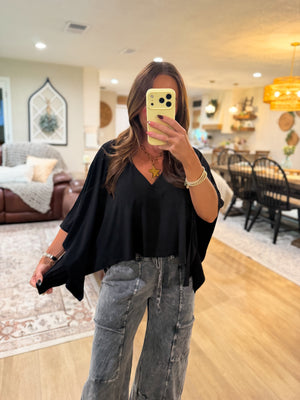 Ava Flowy Vneck Poncho Top - Black