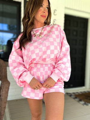 Larissa Checkered Print Crewneck - Pink