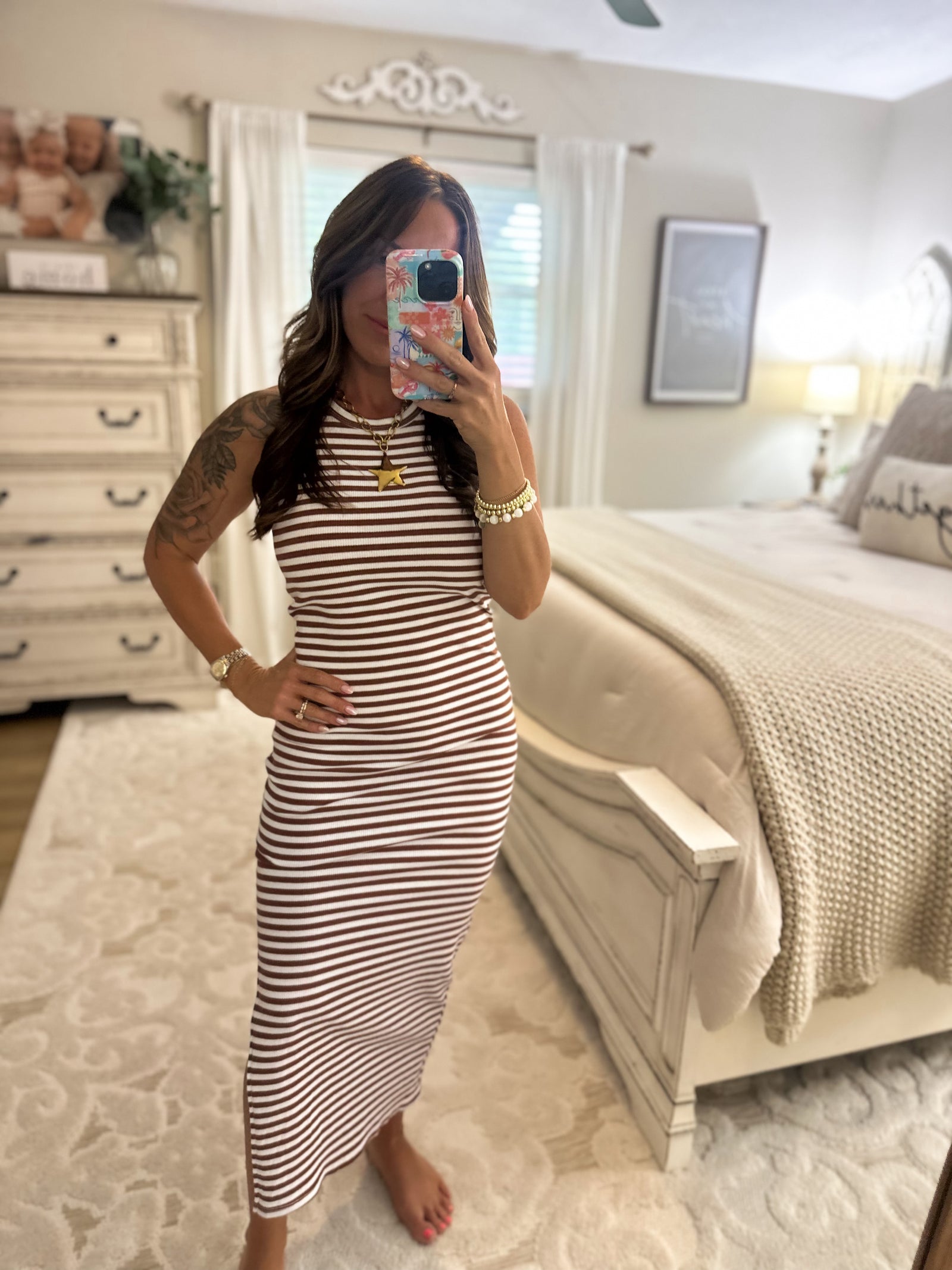Colby Striped Ribbed Tank Dress - Brick