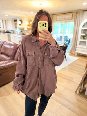 Sandi Stonewashed Oversized Knit Shacket - Brown