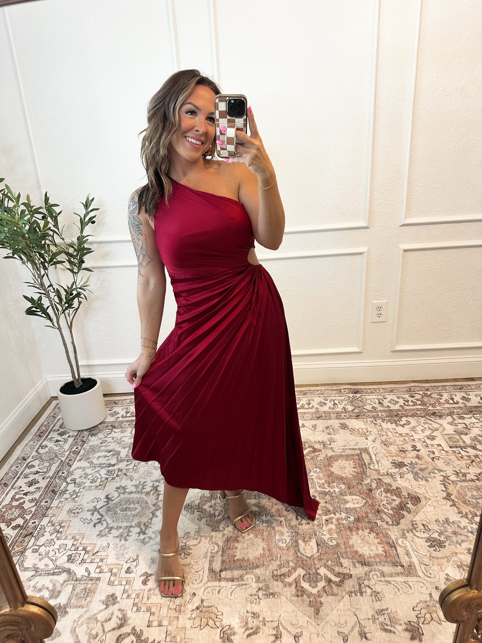 Happy Holidays Pleated Asymmetrical Dress - Wine