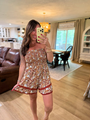 Etta Smocked Strapless Boot Printed Romper - Clay