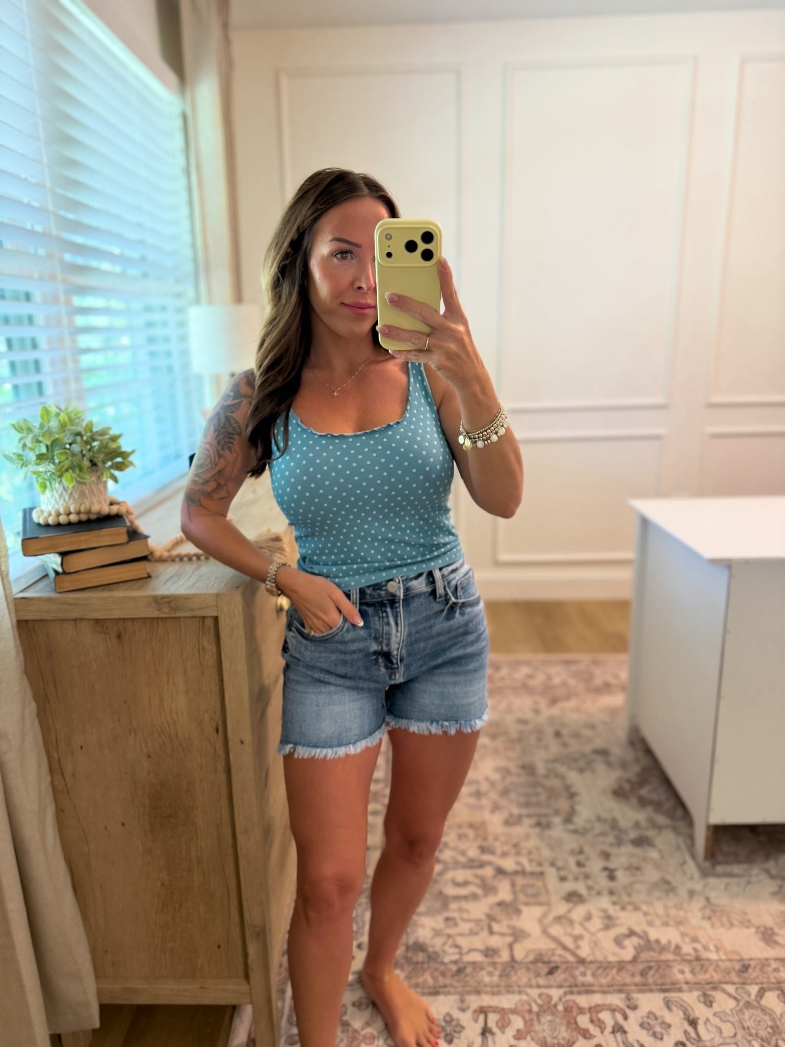 Trey Polka Dot Ruffle Edge Tank - Dusty Teal